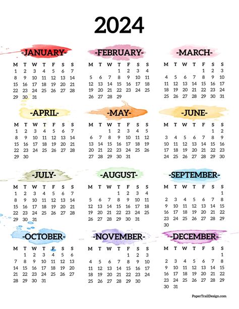 Print this rainbow watercolor one page year at a glance calendar for 2024 in Monday start format Calendario 2023 Aesthetic, Paper Trail Design, Basic Planner, Free Printable Calendar Templates, Calendar Design Template, At A Glance Calendar, 달력 디자인, Trail Design, Print Planner