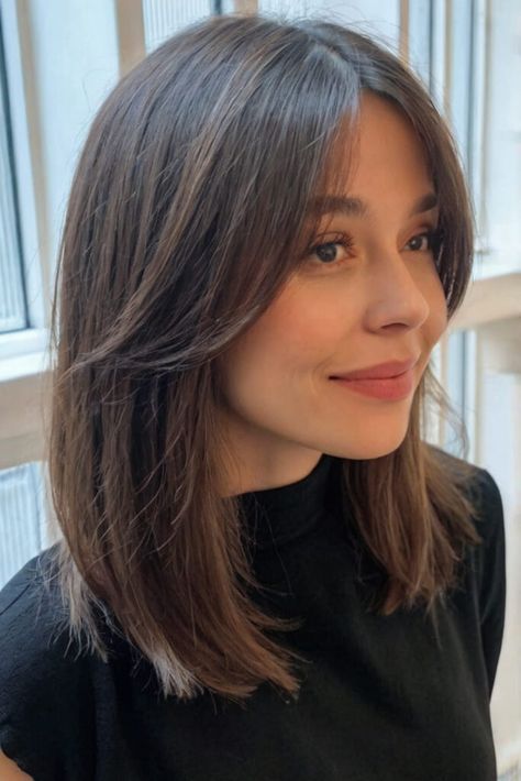 Top 19 Low-Maintenance Medium-Length Haircuts That Everyone Is Talking About - Bangz Hair Design Thick Straight Medium Length Hair, Haircut Ideas Low Maintenance, Low Maintenance Bangs Straight Hair, Low Maintenance Haircut For Straight Hair, Low Effort Haircut, Low Maintenance Shoulder Length Haircut, Medium Length Haircut Low Maintenance, Long Bob Side Part, Low Maintenance Bangs