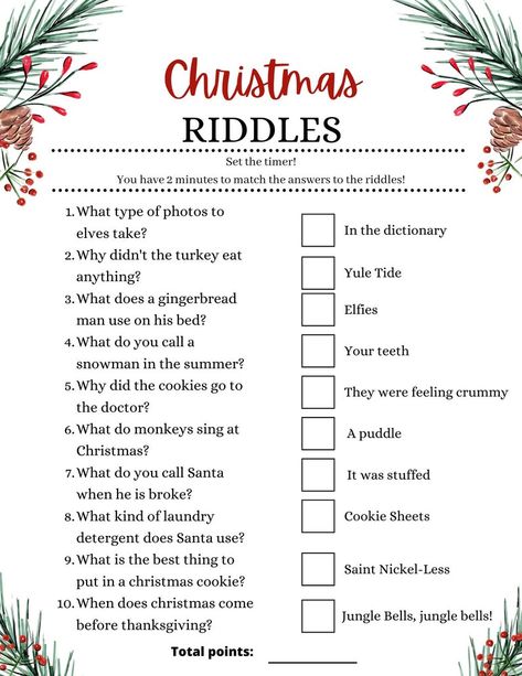 Game For Work, Christmas Eve Games, Christmas Riddles, Christmas Party Games For Adults, Christmas Trivia Games, Christmas Gift Games, Christmas Party Activities, Xmas Games, Adult Christmas Party