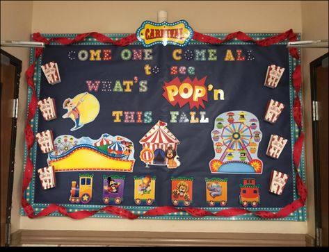 10 Colorful Carnival Classroom Theme Decor Ideas 2 Carnival Bulletin Board Ideas, Circus Bulletin Boards, Carnival Classroom Theme, Carnival Bulletin Boards, Carnival Printables, Carnival Classroom, Circus Printables, Circus Classroom, Cute Classroom Decor