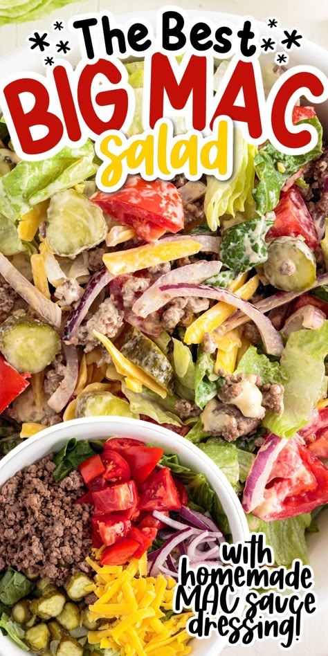 This cheeseburger salad recipe is just like a Big Mac except in salad form. It has all of the flavors of a Big Mac but uses simple ingredients that are healthy and even suitable for the low carb diet. Big Mac Salad Recipe, Big Mac In A Bowl, Cheeseburger Salad Recipe, Big Mac Burger, Mac Burger, Mac Salad Recipe, Cheeseburger Salad, Homemade Big Mac, Quick Foods