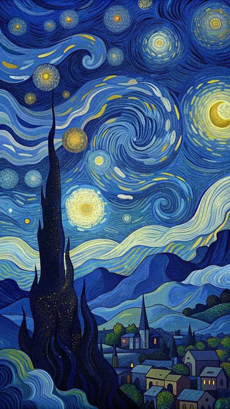 Blue Wallpaper Van Gogh, Notte Stellata Van Gogh Wallpaper, A Starry Night Wallpaper, Aesthetic Starry Night Wallpaper, Stary Night Paintings, Van Gogh Wallpaper Aesthetic, The Starry Night Wallpaper, Van Gogh Paintings Wallpaper, Pintura Van Gogh