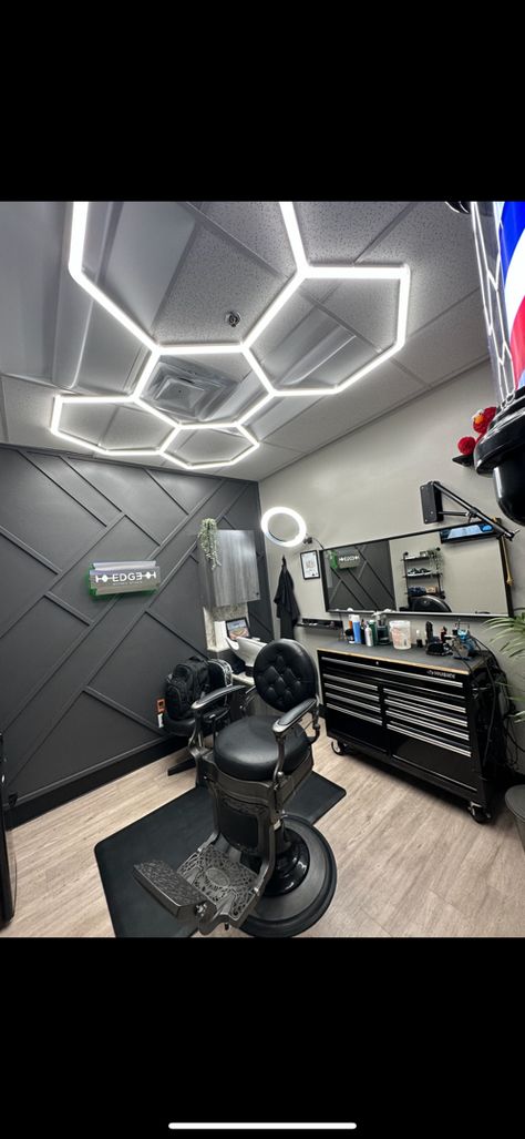 Edge Barber Studio Barbershop Studio Ideas, Basement Barbershop Ideas, New Barber Shop Ideas, Barbershop Suite Ideas, Home Barber Shop Ideas Small Spaces, Barbershop Setup Ideas, Small Barber Suite Ideas, Barber Suite Decor, Garage Barbershop Ideas