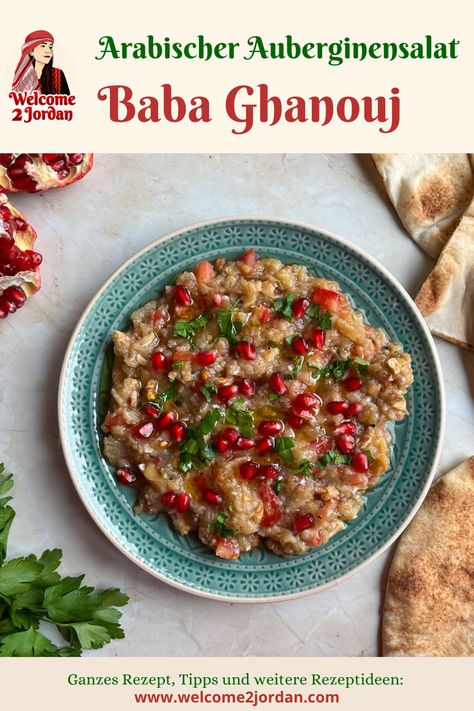 Baba Ghanouj Jordanian Food, Types Of Salad, Eggplant Salad, Baba Ganoush, Roasted Eggplant, Pomegranate Molasses, Vegan And Gluten Free, Signature Dishes, Middle Eastern Recipes