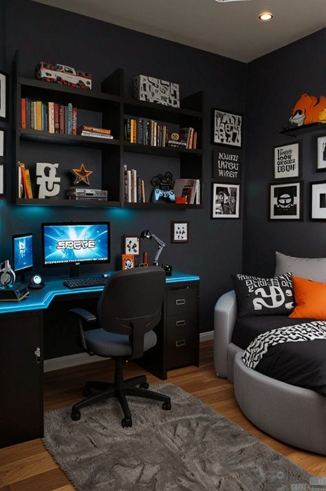 Boy Gamer Bedroom Ideas, Bedroom Ideas For Gamers, Gamer Boy Bedroom, Futuristic Bedroom Ideas, Cool Boys Bedroom, Gamer Bedroom Ideas, Prince Ben, Cool Boys Bedroom Ideas, Gaming Bedroom Ideas