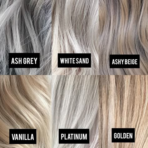 Michigan Balayage Specialist on Instagram: “I love how there are so many different tones of blondes and we all have so many names for them. Here are a few of my favorite tones and…” Different Shades Of Blonde, Grey Blonde Hair, Ash Blonde Hair Colour, Grey Blonde, Rave Hair, Ash Blonde Balayage, Blending Gray Hair, Gray Hair Highlights, Ash Blonde Hair