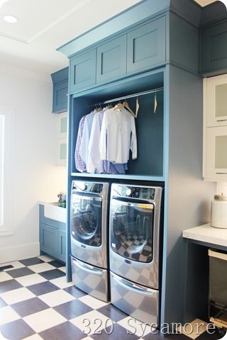 blue laundry with checkered floor Laundry Storage Ideas, Laundry Room Storage Ideas, Laundry Room Storage Shelves, Checkered Floor, Laundry Room/mud Room, Small Laundry Room Organization, Room Storage Diy, Pantry Laundry Room, Dream Laundry Room