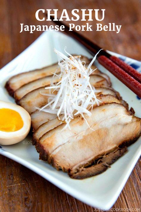 Chashu (Japanese Pork Belly) - Learn how to make easy, melt-in-mouth Chashu pork belly recipe at home! Braised in a sweet and savory sauce, you can now enjoy the tender slice of meat as topping with your ramen! #porkbellyrecipes # #misoramen #japaneseporkbelly #charsiuporkrecipe #braisedporkbelly #ramentoppings #chashuporkrecipe #ramentoppingsideas #japanesefood #asianrecipes | Easy Japanese Recipes at JustOneCookbook.com Chashu Pork Recipe, Chashu Ramen, Chashu Pork, Stewed Pork, Ramen Toppings, Just One Cookbook, Braised Pork Belly, Asian Pork, Power Bowl