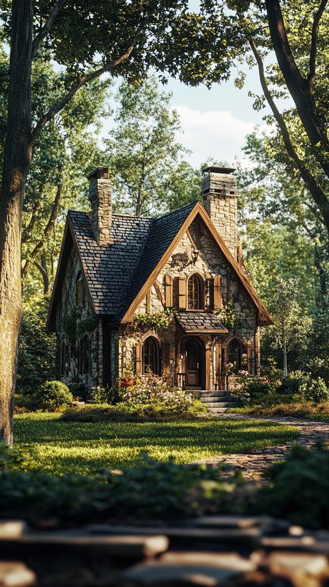 A beautiful house nestled in enchanting woodland Build Small House, Hobit Houses Aesthetic, Woodland Cottage Aesthetic, Forest Cottage House, House In Forest Cottages, Cottagecore House Plans, Aesthetic Tiny House, Houses In Forest, Cottage Core House Exterior