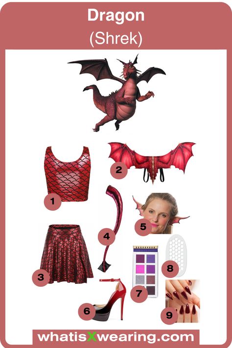 Click the link for our step-by-step Dragon costume guide from Shrek. This is a fun and easy DIY costume to make and is the perfect last-minute Halloween outfit idea. Plus, discover how to make the cutest Donkey and Dragon couple's costume, sexy Lord Farquaad, female Shrek, and many more. Diy Shrek Dragon Costume, Red Dragon Costume Women, Donkey And Dragon Couple Costume, Shrek Party Costume Ideas, Shrek Dragon Costume Women, Diy Shrek Character Costumes, Donkey And Dragon Costume, Lord Farquaad Costume Women, Shrek Inspired Outfits