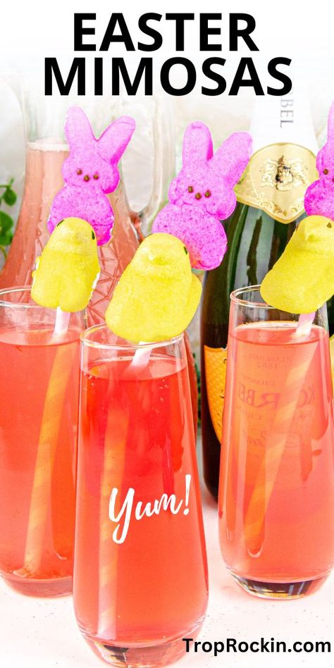 Super cute Easter Coctails! A fruity mimosa with Easter Peeps for garnish. Delicious and simple Easter Cocktails! Easter Cocktails Drinks, Easter Alcoholic Drinks, Easter Mimosa, Easter Brunch Cocktails, Easter Brunch Drinks, Easter Cocktail Recipes, Easter Egg Party, Easter Drink, Easter Cocktails