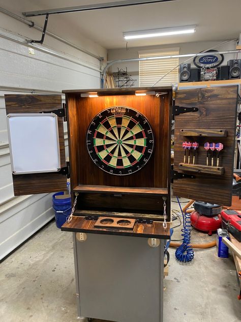 Wooden Dart Board, Outdoor Dart Board Cabinet, Dart Board Cabinet Ideas, Diy Outdoor Dart Board Stand, Backyard Dart Board Ideas, Diy Dart Board Cabinet, Dart Board Cupboard, Dart Room Ideas, Diy Dart Board Backing