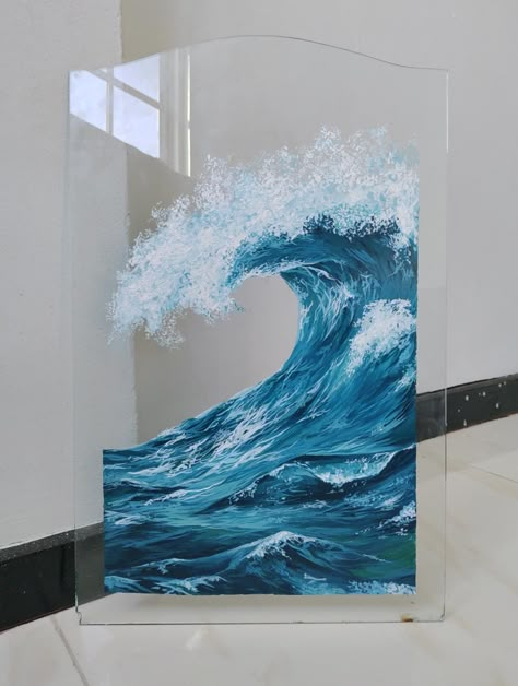 A detailed painting of a wave with acrylics with a hint of realism on glass Ocean Vibe Painting, Drawings On Glass Ideas, Glass Wave Art, Glass Painting Using Acrylic Paint, Ocean Wave Watercolor, Beach Waves Acrylic Painting, Glass Painting Landscape, Ocean Wave Acrylic Painting, Acrylic On Glass Art