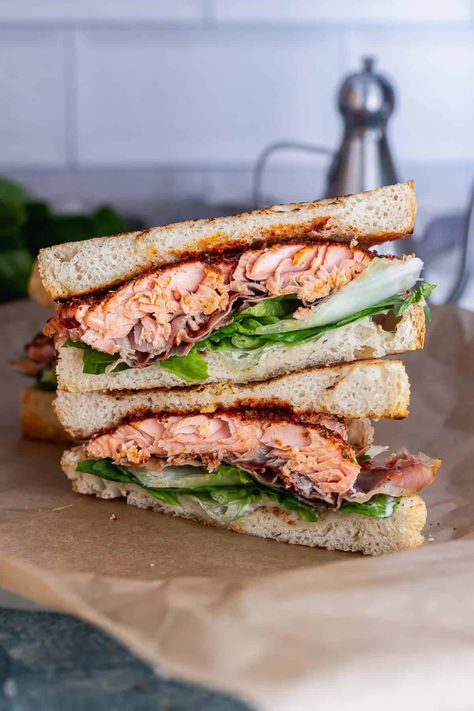 Sourdough Salmon Sandwich, Salmon Recipes Sandwich, Salmon Sandwich Ideas, Roasted Garlic Mayo, Salmon Sandwich Recipes, Salmon Sandwiches, Lunch Sandwich Recipes, Prosciutto Sandwich, Fish Sandwich Recipes