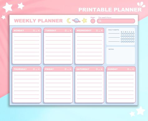 Kawaii Weekly Planner Template, Kawaii Planner Template, Pink Space Aesthetic, Kawaii Weekly Planner, Weekly Planner Pink, Weekly Planner Aesthetic, Goodnotes Aesthetic, Cute Weekly Planner, Weekly Planner Print