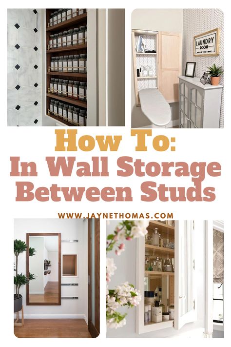 Don't miss out on these amazing storage solutions! Discover how to transform your home with hidden in-wall storage between the studs! #bathroom #SmallSpaces Storage Space Between Studs, Recessed Shoe Storage, Hidden Wall Storage Bathroom, Hidden Bathroom Wall Storage, In Wall Storage Between Studs Bedroom, Shelves In Studs Built Ins, Between The Studs Medicine Cabinet Diy, Between The Stud Storage, In Between Studs Storage