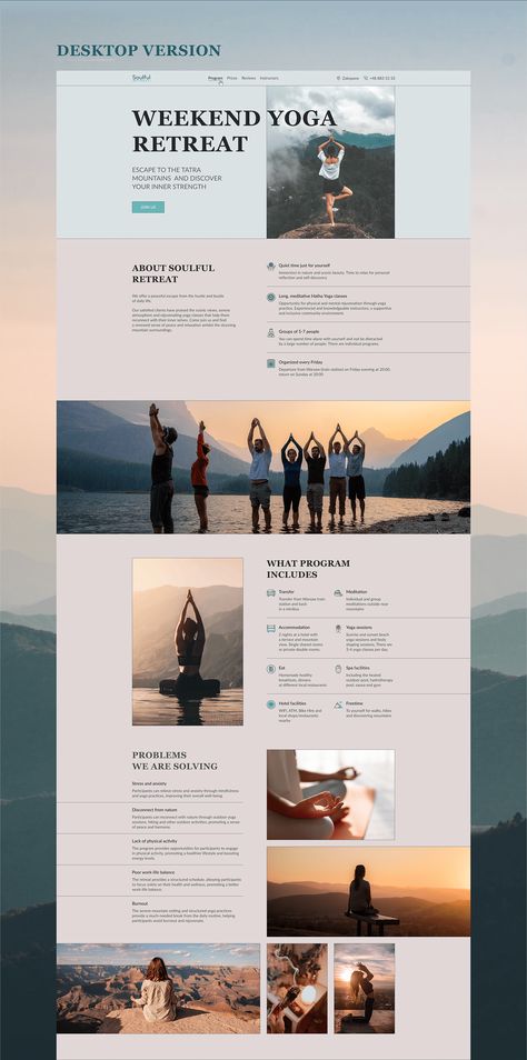 Weekend yoga retreat | landing page on Behance Yoga Retreat Itinerary, Wellness Retreat Photography, Yoga Page Design, Retreat Landing Page, Yoga Newsletter Design, Yoga Retreat Flyer, Yoga Retreat Flyer Design, Yoga Retreat Poster, Wellness Landing Page