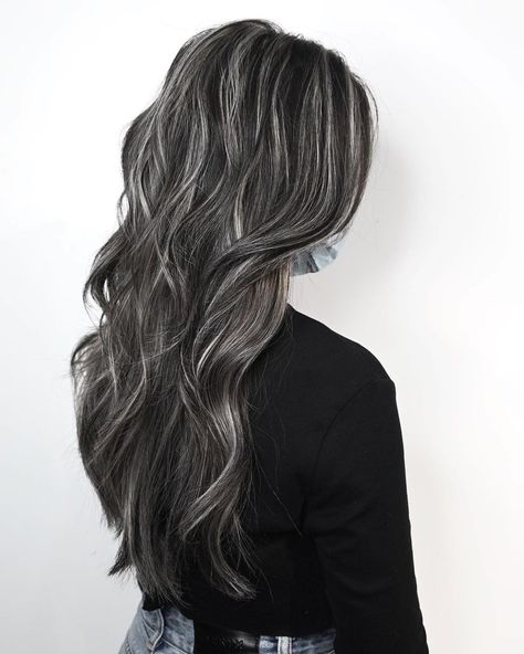 10 Styles with Flawless Gray Blending for Dark Hair - The Right Hairstyles Grey Black Hair, Black Hair With Grey Highlights, Brown Hair With Silver Highlights, Hair Color Ideas For Black Hair, Color Ideas For Black Hair, Gray Blending, Black And Grey Hair, Dark Grey Hair, Ideas For Black Hair