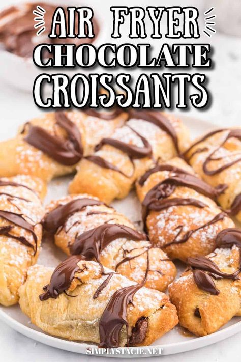 Air Fryer Chocolate Croissants - Make these chocolate stuffed crescent rolls in your air fryer. Wrap Pillsbury crescent roll dough around a spoonful of sweet and rich Nutella. Ready to eat in minutes! Such a delicious and easy dessert everyone loves. Chocolate Crescent Rolls, Pillsbury Crescent Recipes, Pillsbury Biscuit Recipes, Stuffed Crescent Rolls, Crescent Roll Recipes Dessert, Crescent Rolls Recipe, Crescent Roll Recipes Dinner, Crescent Roll Dessert, Air Fryer Dessert