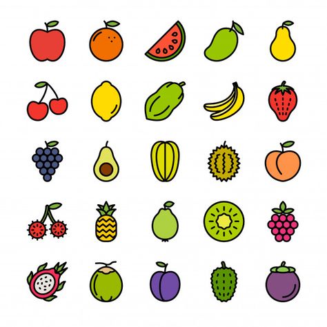 Fruit Pictures Drawing, Fruit Doodles Easy, Cartoon Fruit Drawing, Simple Fruit Drawings, Cute Fruits Drawings, Fruit Doodle Art, Fruits To Draw, Fruit Drawing Simple, Fruit Design Ideas