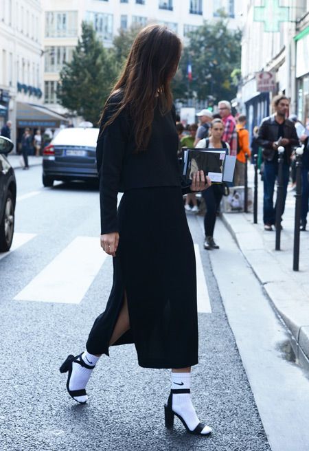 7 ways to wear socks and heels this winter Nike socks with heels and a maxi dress Heels With Socks Outfit, Heels And Socks, Cooler Style, Walking Down The Street, Sock Outfits, Stylish Fall Outfits, Paris Fashion Week Street Style, Socks And Heels, Socks And Sandals