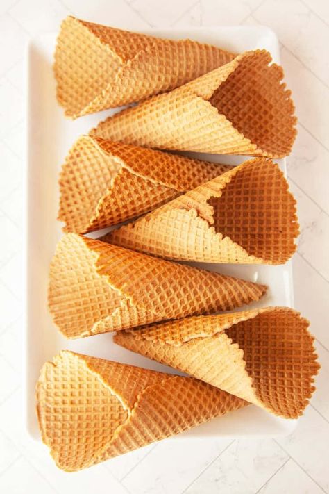 white platter with waffle cones lined up Ice Cream Waffle Cone Recipe, Homemade Waffle Cones Recipe, Ice Cream Cone Recipe, Homemade Ice Cream Cones, Homemade Waffle Cones, Homemade Ice Cream Cone, Ice Cream Cones Recipe, Diy Waffles, Homemade Peanut Brittle