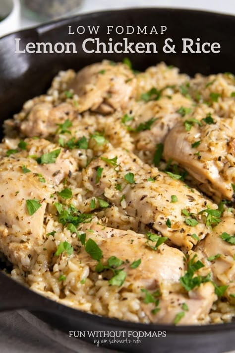 Low FODMAP Lemon Chicken and Rice is a cozy main dish flavored with Italian herbs and fresh lemon juice. This easy supper recipe is made with just seven ingredients in about 30 minutes - great for a busy weeknight! Lemon Chicken With Rice Easy Recipes, Low Fodmap Chicken Dinner, Chicken Recipes Fodmap, Low Fodmap Lemon Chicken, Low Residue Chicken Recipes, Fodmap Rice Recipes, Fodmap Diet Recipes Dinners, Fodmap Gluten Free Recipes, Fodmap Snacks Easy