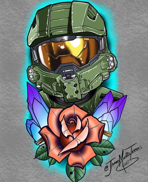 Master Chief Tattoo Design, Halo Tattoo Design, Halo Game Tattoo, Master Chief Tattoo, Halo Spartan Art, Master Chief Art, Halo Tattoo Ideas, Halo Tattoos, Video Game Tattoo Ideas