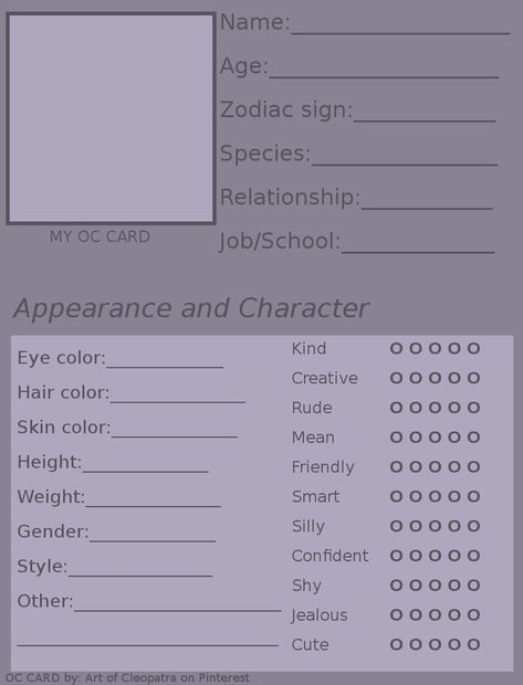 My Oc Card Template, About Character Sheet, Profile Card Template Aesthetic, Oc Base Free To Use, Profile Base Reference, Oc Inspo Aesthetic, Profile Information Template, Free Character Sheet, Relationship Card Template