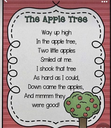 Preschool Apples, Poem For Kids, Preschool Poems, September Preschool, Preschool Apple Theme, Apple Week, Tree Poem, Apple Lessons, Kindergarten Songs