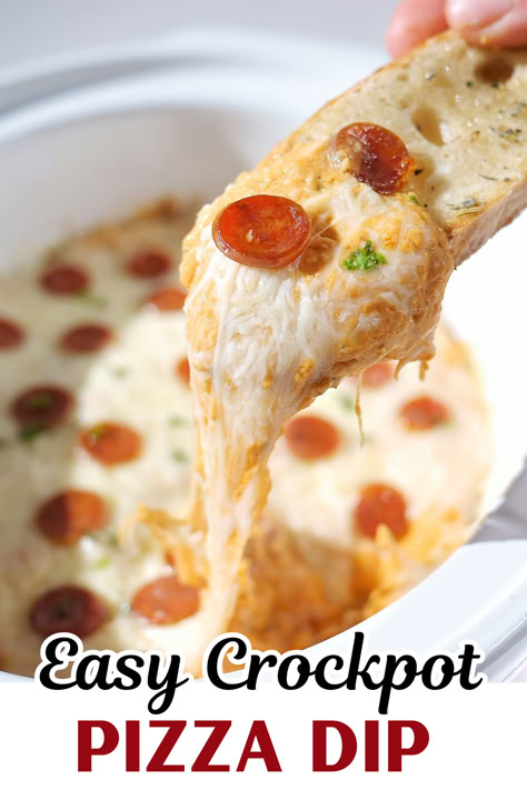 This pizza dip is easy to compile and tastes delicous with crusty bread, pretzels or crackers! Spaghetti Dip Recipes, New Years Dishes Ideas Party, Crockpot Recipes Football Parties, Appetizer Recipes Football Game, Easy Crockpot Chip Dip, Easy Crockpot Party Recipes, Quick Crockpot Dips, Crockpot Shareables, Easy Snacks For A Crowd Simple