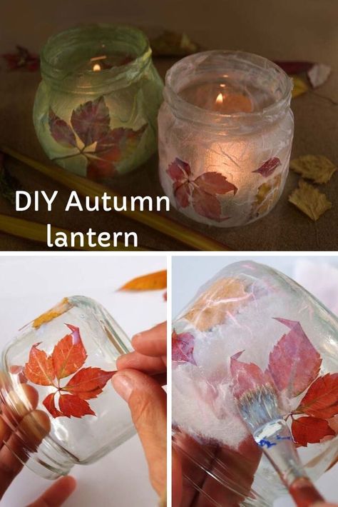 Decorate a glass jar with autumn leaves and rice paper.  You can glue it with a decoupage glue. When the glue is dry, the whole jar gets a milky effect and the leaves will look as if caught in the first autumn frost. Add tealights and enjoy the calming effect. #diyfallideas #autumn #decoupage #autumncrafts Fall Glass Jar Decor, Tissue Paper On Glass Jars, How To Decorate A Glass Jar, Decoupage On Glass Bottles, How To Decorate Glass Jars, How To Paint A Glass Jar, Glass Jar Crafts For Kids, Glass Jar Lanterns Diy, Glass Jar Lanterns