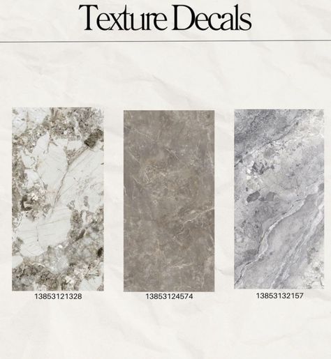 Bloxburg marble texture decal codes for Bloxburg Paintings For Bloxburg, Bloxburg House Outside Walls, Wallpaper Id Codes For Bloxburg, Bloxburg Walls Idea, Marble Wallpaper Bloxburg Codes, Bloxburg Modern Codes, Bloxburg House Textures, Bloxburg Codes For Pictures Bathroom, Bloxburg Codes Bathroom