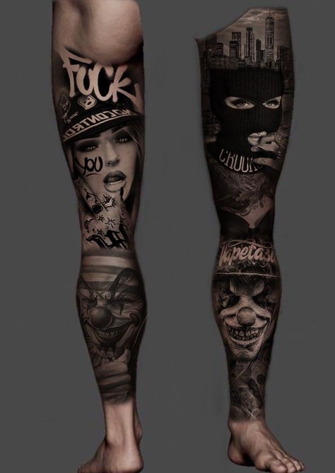 Full Leg Tattoo Design For Men, Full Leg Sleeve Men, Chicano Leg Sleeve Tattoo, Tough Tattoos For Men, Full Leg Tattoos Men's, Full Leg Tattoo Design, Black And Grey Leg Sleeve, Leg Sleeve Tattoo Men Full, Chicano Leg Sleeve