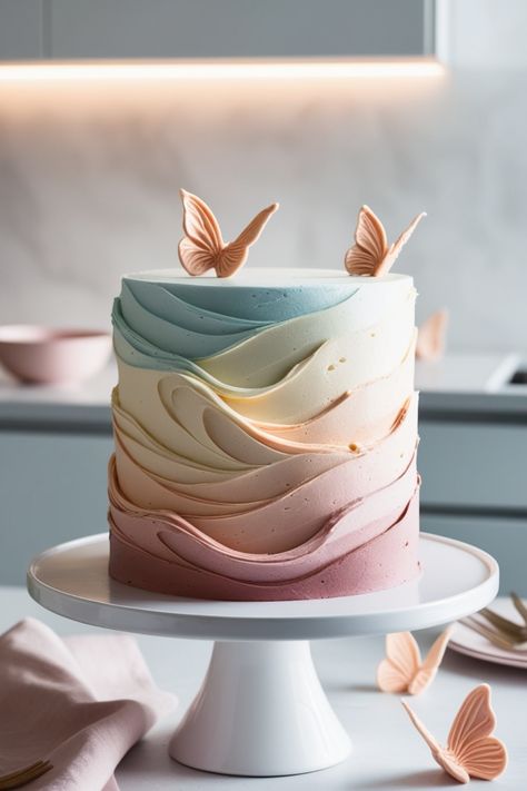 Create stunning celebration cakes with these 20 butterfly cake ideas, showcasing colorful designs and artistic touches. Perfect for various events, using a single image of an impressive butterfly swirl ombre cake. Blue Butterfly Cake Ideas Birthdays, Jewel Birthday Cake, Butterfly Cake Buttercream, Fairy Butterfly Birthday Cake, Cake Decor Inspiration, Ombre Layer Cake, Buttercream First Birthday Cake, Beautiful Cake Ideas, Watercolor Flower Cake