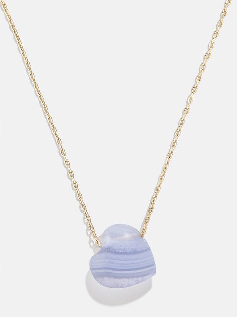 Opt for tranquility in your stack when you choose the Juno Blue Lace Agate Necklace. This piece features a dainty gold chain complete with a heart-shaped blue lace agate pendant. Blue lace agate represents and helps manifest inner peace, clarity, and confidence, so this piece is sure to add good vibes to your necklace Blue Lace Agate Necklace, Lace Agate Stone, Dainty Gold Chain, Custom Blankets, Necklace Collection, Agate Necklace, Blue Lace Agate, Birthday Wishlist, Agate Pendant