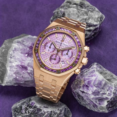 Precious Stones. Amethyst 💎💜  Audemars Piguet Royal Oak Chronograph Rose Gold Baguette Diamond Bezel Purple Index Dial  REF: #26319OR Audemars Piguet Royal Oak Chronograph, I Am A Billionaire, Sci Fi Clothing, Audemars Piguet Watches, Fancy Watches, Mens Fashion Wear, Nice Jewelry, Expensive Watches, Mens Fashion Watches