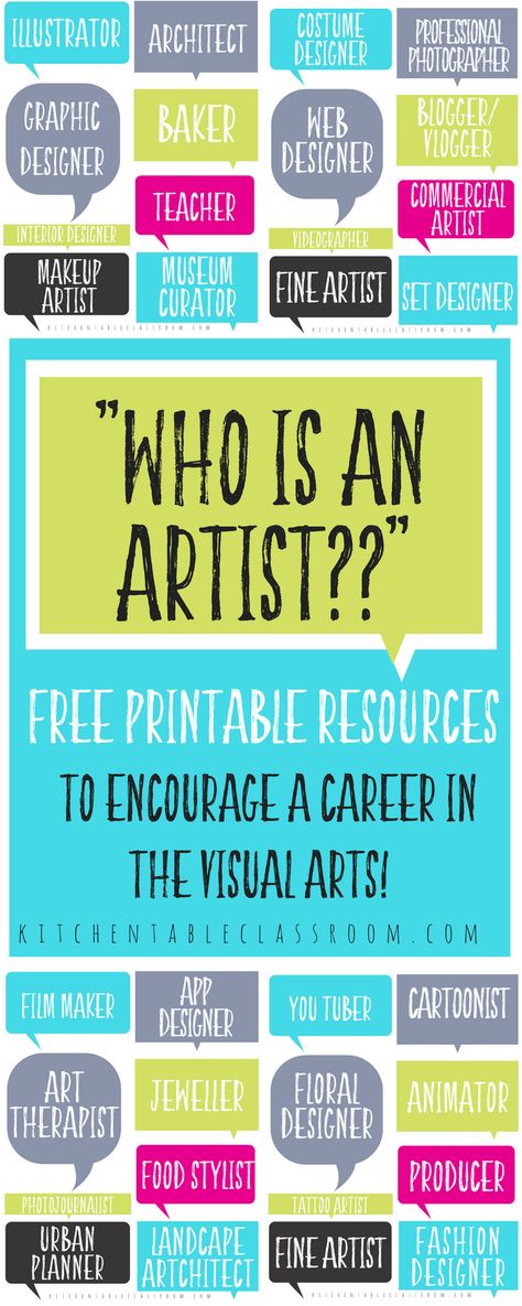 Jobs in the arts are as varied as you can imagine. Use these free printables to encourage your kids to explore career opportunities as creative as they are. Free graphic organizers and printable bulletin board displays help you start the conversation about jobs in the arts! Careers In Art, Career Journal, Art Advocacy, High School Art Room, School Art Room, Free Graphic Organizers, Art Room Organization, Printable Bulletin Board, Art Careers