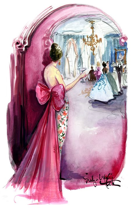 "Lady In Oscar" by Katie Rodgers Fashion Illustration Painting Acrylic, Detailed Fashion Illustration, Watercolor Dress Art, Famous Fashion Illustrators, Fashion Illustration With Watercolor, Katie Rodgers, Fashion Watercolor, Fashion Design Inspiration, Painting Fashion