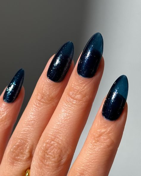 Swatch With Me - Little Lacquer Village 🎁 🌌 The Night Before – dark midnight blue with a fine blue shimmer •use code COLORNOOK to save! #lightslacquer #littlelacquervillage #athomeartist #holidaycollection #nailpolish #vintageholiday #nailartist #nailswatch #swatchwithme #midnightblue #navybluenails lights lacquer holiday vintage wrapping paper aesthetic nail polish collection swatch with me Midnight Blue Almond Nails, Dark Blue Jelly Nails, Blue Jelly Nails, Aesthetic Nail Polish, Midnight Blue Nails, Blue Almond Nails, Lights Lacquer, Dark Midnight Blue, Paper Aesthetic