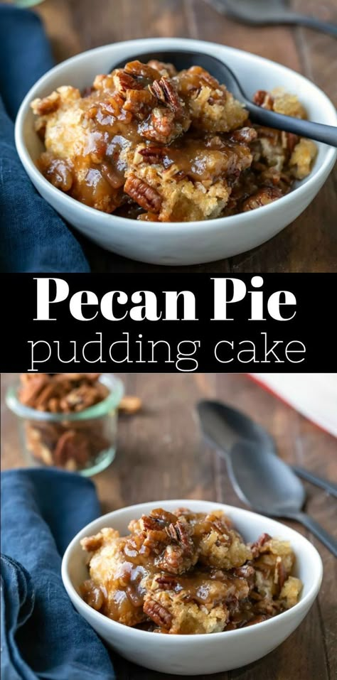 Pecan pie pudding cake makes a layer of cake with a layer of pecan pie pudding underneath. Great Thanksgiving dessert that isn't pie! #Thanksgiving #dessert #pecanpie #cake #recipe #easy Pecan Pie Pudding, Easy Thanksgiving Dessert Recipes, Thanksgiving Desserts Kids, Pecan Desserts, Pie Thanksgiving, Thanksgiving Desserts Easy, Cake Recipe Easy, Dessert Simple, Thanksgiving Food Desserts