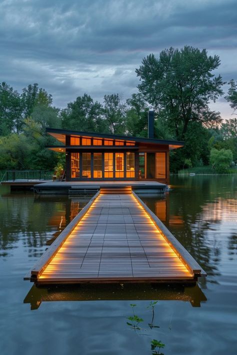 Floating Home With Integrated Dock Floating Dock Ideas, Boat Dock Ideas, Lake Docks Designs, Boathouse Ideas, Lake House Dock, Lake Deck, Pontoon Ideas, Dock Design, Underwater Bedroom