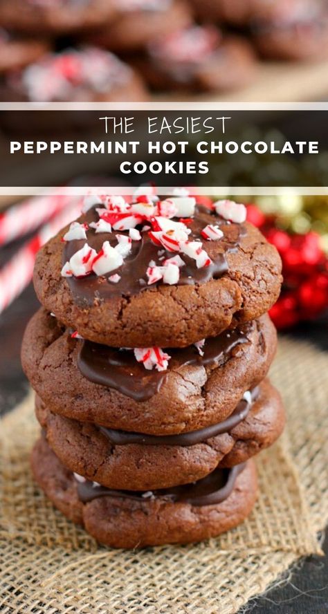 Hot Coco Cookies Recipes, Peppermint Cocoa Cookies, Chocolate Cookies With Peppermint Chips, Hot Cocoa Peppermint Cookies, Crushed Peppermint Cookies, Hot Chocolate Peppermint Cookies, Peppermint Hot Chocolate Cookies, Long Cookies, Peppermint Cookies Christmas