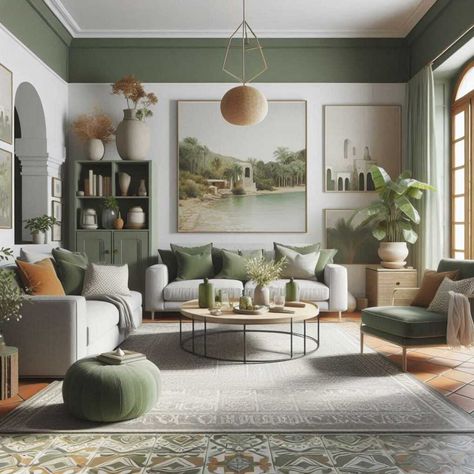 Grey Green Natural Living Room, Green And Neutral Living Room, Green And Grey Living Room, Living Room Colour Ideas, Room Colour Ideas, Green Living Room Color Scheme, Modern Living Room Colors, Grey Living Room Ideas, Living Room Colour