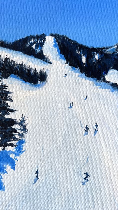 Blue and white painting of small skiers and snowboarders carving their way down the mountain. Inspired by Winter Park, USA Ski Hill Painting, Ski Painting Ideas, Skiing Painting Easy, Ski Painting Acrylic, Ski Slope Painting, Snow Scenes Painting, Ski Painting Easy, Winter Mountains Painting, Ski Mountain Painting