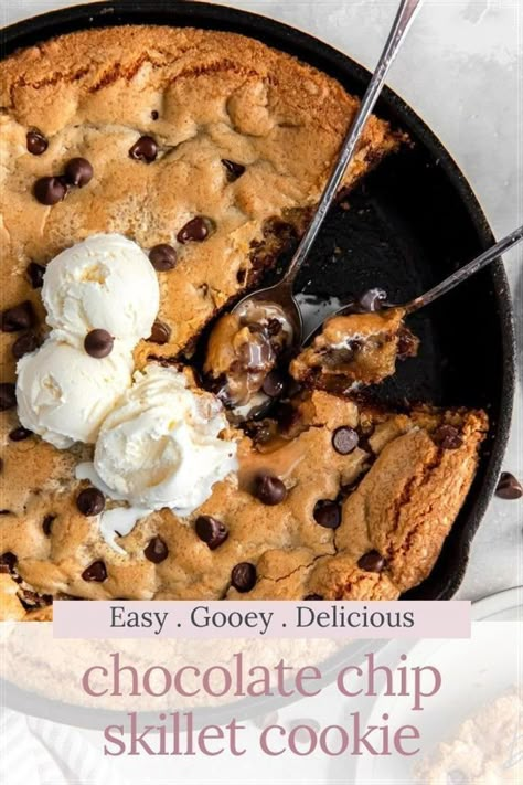 Shareable desserts are the best kind of desserts! This giant chocolate chip skillet cookie is easy to make and ready in 30 minutes. It’s crisp on the edges, gooey in the center and best served warm with vanilla ice cream. Grab some spoons and let’s dig in! Chocolate Chip Desserts, Shareable Desserts, Chocolate Chip Skillet Cookie, Skillet Cookie Recipe, Cookie Skillet, Desserts With Chocolate Chips, Cookies Stuffed, Skillet Chocolate Chip Cookie, Stuffed Cookies