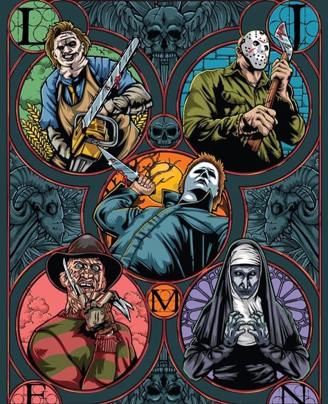 Horror Movie Icons, Halloween Horror Movies Villians, Iconic Horror Movie Posters, Iconic Scary Movie Characters, Horror Movie Slashers Art, Movie Prints Horror, Horror Movie Icons Art, Horror Movie Character Paintings, Casa Do Hobbit, Horror Villians