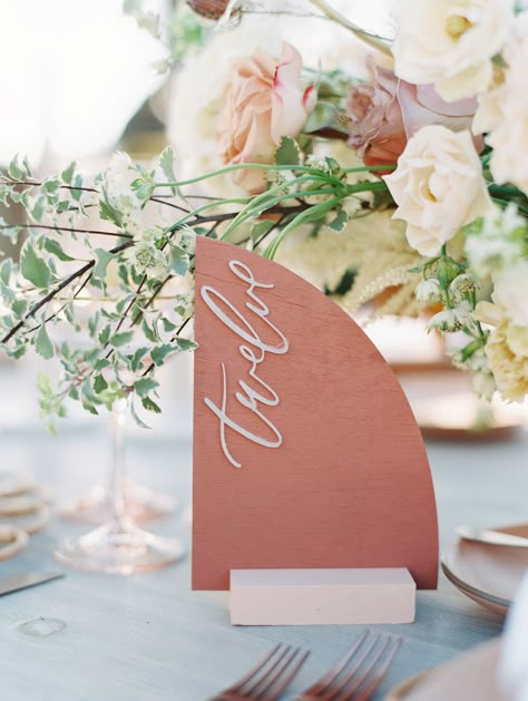 The Number of Personalized Details at This Malibu Wedding Will Truly Astound You Laser Cut Table Numbers, Cielo Farms, Malibu Wedding, Martha Stewart Weddings, Wedding Signage, Wedding Table Numbers, Table Number, Place Setting, Wedding Stationary