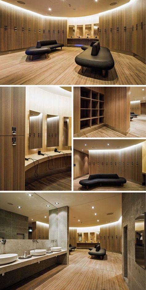 Art Of Designing Gym Interiors - Bored Art Mens Locker Room Design, Wood Gym Design, Luxury Gym Locker Room, Spa Locker Room Design, Gym Bathroom Ideas, Spa Changing Room, Spa Lockers, Spa Locker Room, Changing Room Design