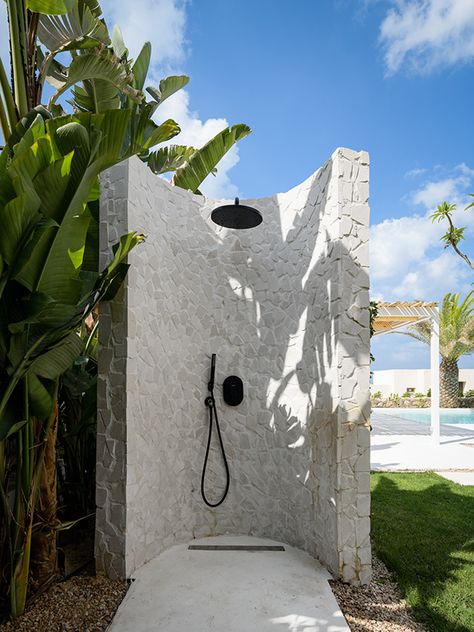 Mediterranean House on Behance Mediterranean Pool, House Mediterranean, Outdoor Bathroom Design, Mediterranean House, Pool Shower, Garden Shower, Dream Beach Houses, Beach Shower, Outdoor Bath